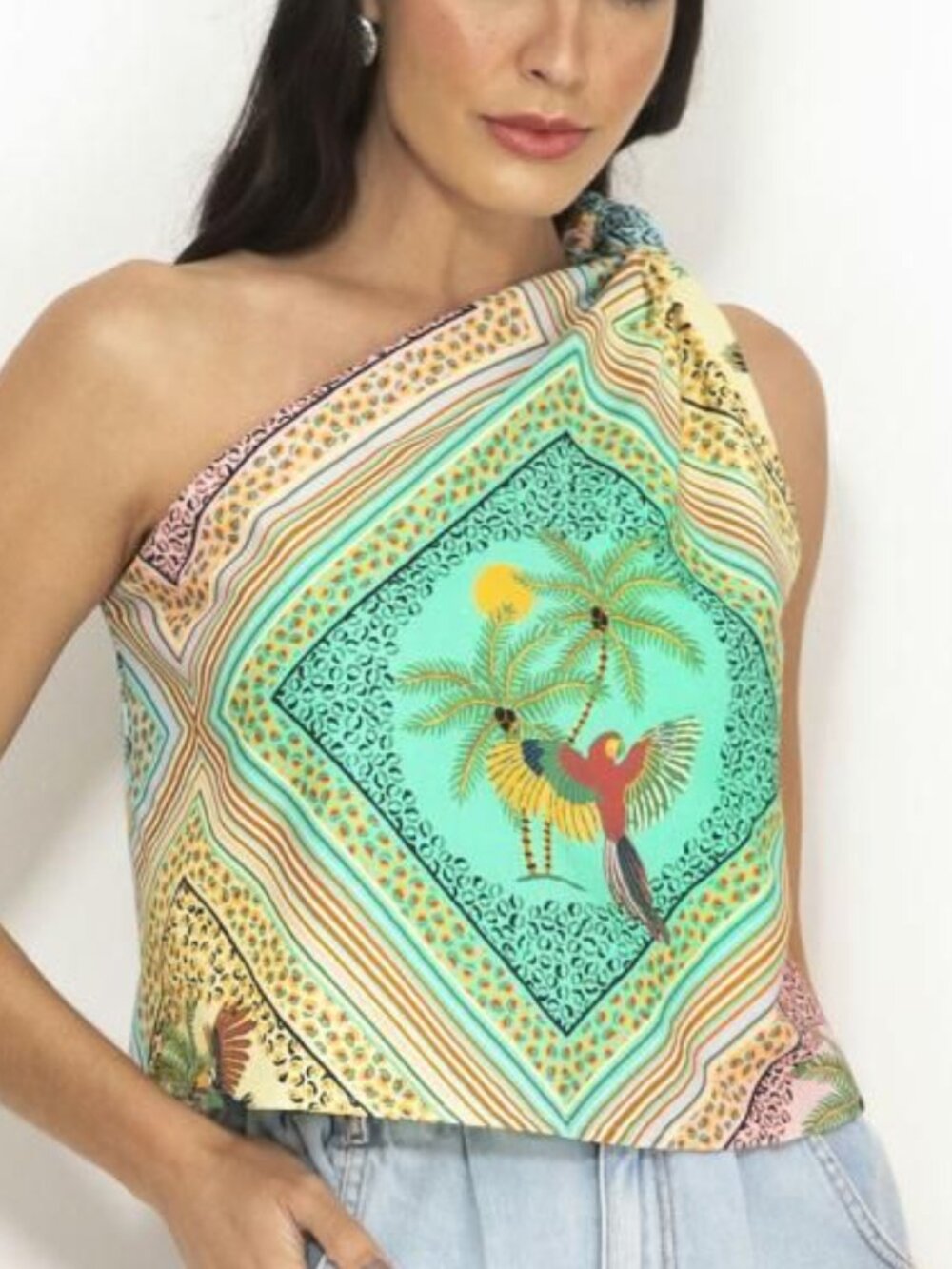Farm Rio Nossa Selva (Our Jungle) One Shoulder Linen Blend Scarf Top Size Small - Picture 2 of 6